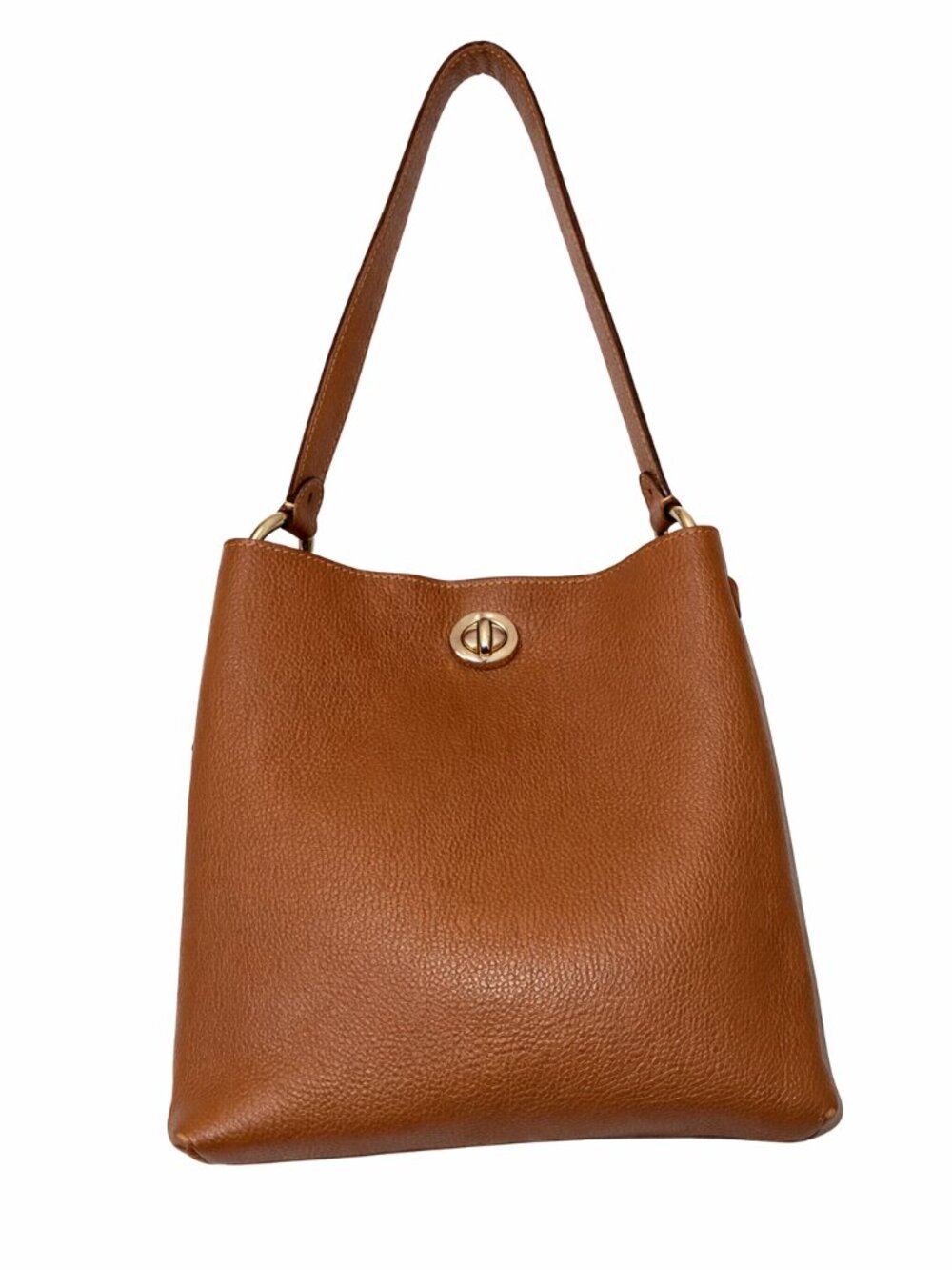 Coach Caramel Pebbled Leather Shoulder Bag | Gold Turn‑Lock | Classic Minimalist